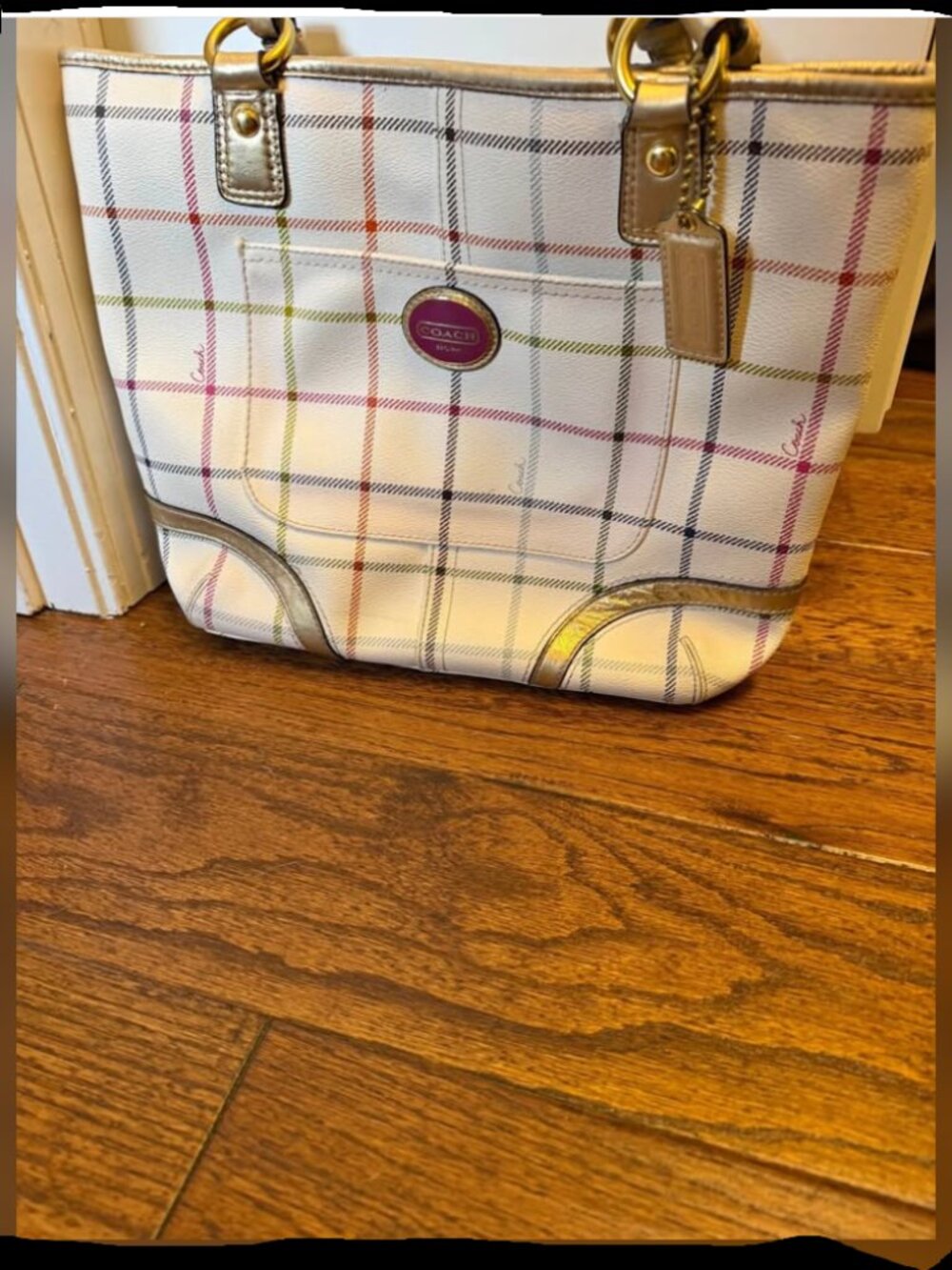 Coach Tattersall Coated Canvas Plaid Tote Metallic Gold Trim